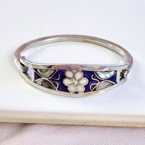 Taxco Vintage Mexico Sterling Silver Abalone Inlay Flower Child-Sized Bangle